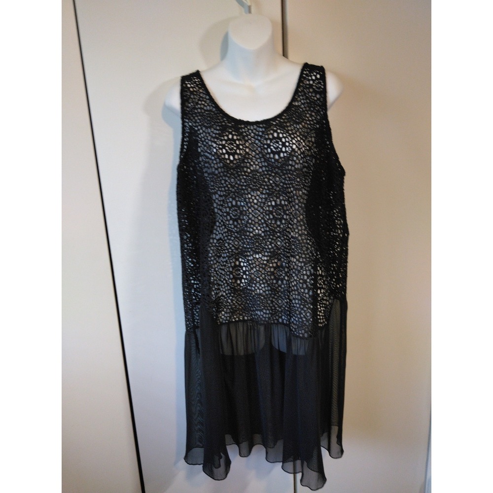 Womens Crochet Mesh  Swimsuit Cover Up Dress Size L Boho Goth Open Knit Sheer